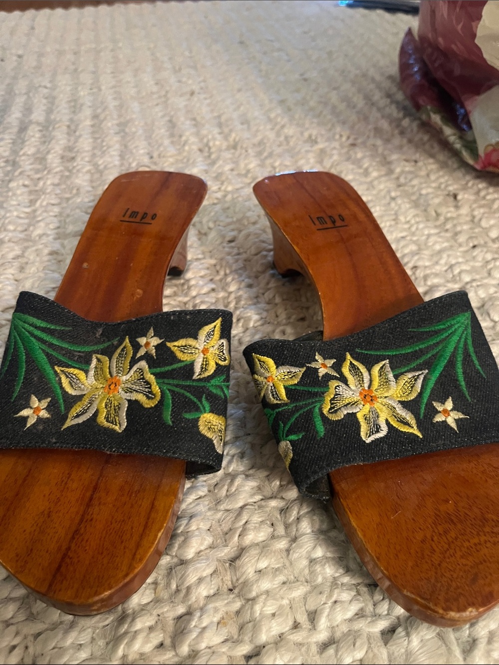 Impo Black Floral Embroidered Wooden Slide Mules with Yellow Accents